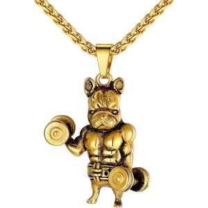 U7 Men Women Fitness Dumbbell Necklace Stainless Steel Weight Plate Barbell Chain Pendant Necklace,Chain 22″+2″ Extender, with Gift Box(E.Sport Bulldog Gold)