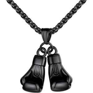 U7 Men Women Fitness Dumbbell Necklace Stainless Steel Weight Plate Barbell Chain Pendant Necklace,Chain 22″+2″ Extender, with Gift Box(F-Black Boxing Gloves)
