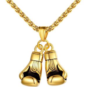 U7 Men Women Fitness Dumbbell Necklace Stainless Steel Weight Plate Barbell Chain Pendant Necklace,Chain 22″+2″ Extender, with Gift Box(F-Gold Boxing Gloves)