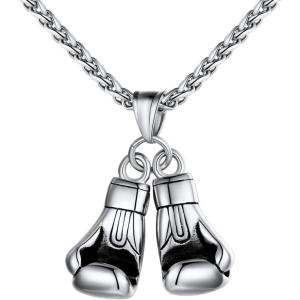 U7 Men Women Fitness Dumbbell Necklace Stainless Steel Weight Plate Barbell Chain Pendant Necklace,Chain 22″+2″ Extender, with Gift Box(F-Silver Boxing Gloves)