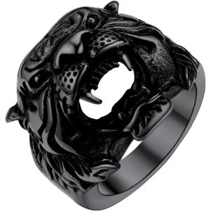 U7 Men’s Animal Rings Stainless Steel Punk Rock Biker Gift Dragon/Tiger Head Ring, Gold/Silver/Black Color(03-Tiger-Black)