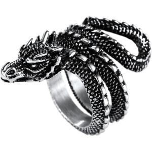 U7 Men’s Animal Rings Stainless Steel Punk Rock Biker Gift Dragon/Tiger Head Ring, Gold/Silver/Black Color(04-Full Dragon-Silver Black)
