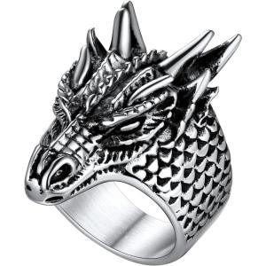 U7 Men’s Animal Rings Stainless Steel Punk Rock Biker Gift Dragon/Tiger Head Ring, Gold/Silver/Black Color(05-Dragon-Stainless Steel)