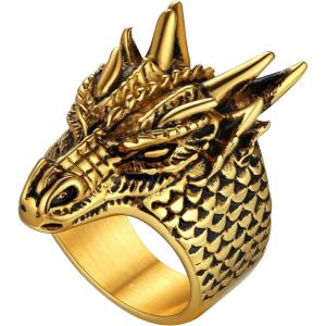 U7 Men’s Animal Rings Stainless Steel Punk Rock Biker Gift Dragon/Tiger Head Ring, Gold/Silver/Black Color(06-Dragon-Gold)