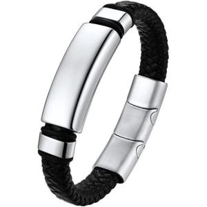 U7 Mens Leather Bracelet with Stainless Steel Clasp, Leather Cuff Bracelet in Skull or Wrap Style Black Bracelets for Husband(b.Plain-Steel)