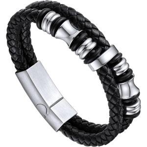 U7 Mens Leather Bracelet with Stainless Steel Clasp, Leather Cuff Bracelet in Skull or Wrap Style Black Bracelets for Husband(c.Bead-Steel)