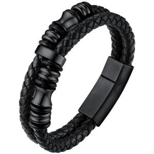 U7 Mens Leather Bracelet with Stainless Steel Clasp, Leather Cuff Bracelet in Skull or Wrap Style Black Bracelets for Husband(d.Bead-Black)