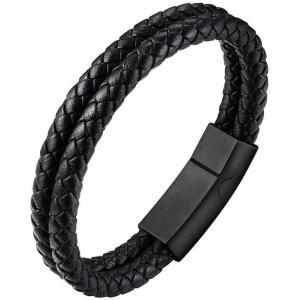 U7 Mens Leather Bracelet with Stainless Steel Clasp, Leather Cuff Bracelet in Skull or Wrap Style Black Bracelets for Husband(e.Layered-Black)