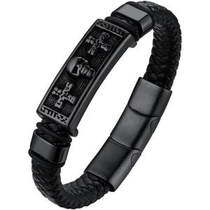 U7 Mens Leather Bracelet with Stainless Steel Clasp, Leather Cuff Bracelet in Skull or Wrap Style Black Bracelets for Husband(f.Gothic Cross Skull-Black)