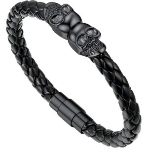 U7 Mens Leather Bracelet with Stainless Steel Clasp, Leather Cuff Bracelet in Skull or Wrap Style Black Bracelets for Husband(h.Skull-Black)