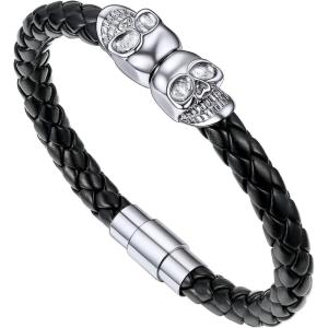 U7 Mens Leather Bracelet with Stainless Steel Clasp, Leather Cuff Bracelet in Skull or Wrap Style Black Bracelets for Husband(i.Skull-Stainless)