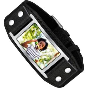 U7 Mens Leather Bracelet with Stainless Steel Clasp, Leather Cuff Bracelet in Skull or Wrap Style Black Bracelets for Husband(l.Rectangle Photo-Black Adjustable)