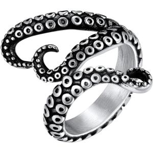 U7 Men’s Punk Ring Stainless Steel Black Gold Color Signet Ring, Cool Costume Rings -with Gift Box(C: Octopus Tentacles-Steel)