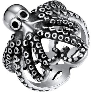 U7 Men’s Punk Ring Stainless Steel Black Gold Color Signet Ring, Cool Costume Rings -with Gift Box(D: Octopus-Steel)