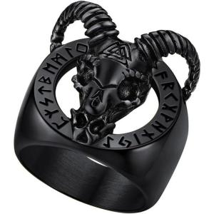 U7 Men’s Punk Ring Stainless Steel Black Gold Color Signet Ring, Cool Costume Rings -with Gift Box(Goat Head-Black)