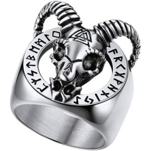 U7 Men’s Punk Ring Stainless Steel Black Gold Color Signet Ring, Cool Costume Rings -with Gift Box(Goat Head-Silver)