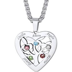 U7 Mother Necklace Personalized Engrave Name Jewelry|2/3/4/5/6/7 Children Friend Family Names Necklace with Birthstone for Women Girls,Pendant for Mom Grandma,Wife(03-Heart Tree(2-7 Name & Birthstone))