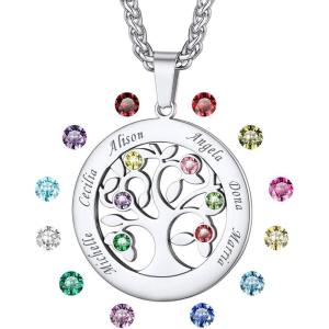 U7 Mother Necklace Personalized Engrave Name Jewelry|2/3/4/5/6/7 Children Friend Family Names Necklace with Birthstone for Women Girls,Pendant for Mom Grandma,Wife(02-Family Tree(2-7 Name & Birthstone))