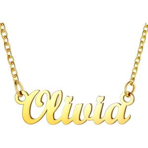U7 Name Necklace Personalized, Stainless Steel 18K Gold Plated Nameplate Jewelry for Men Women, Multiple Name Necklace, Customized Initial Name Choker Necklace with Curb Chain(Olivia-Gold Color)
