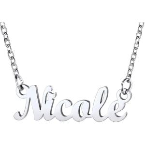U7 Name Necklace Personalized, Stainless Steel 18K Gold Plated Nameplate Jewelry for Men Women, Multiple Name Necklace, Customized Initial Name Choker Necklace with Curb Chain(Nicole-Stainless Color)