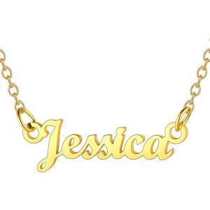 U7 Name Necklace Personalized, Stainless Steel 18K Gold Plated Nameplate Jewelry for Men Women, Multiple Name Necklace, Customized Initial Name Choker Necklace with Curb Chain(Jessica-Gold Color)