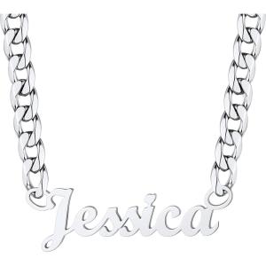 U7 Name Necklace Personalized, Stainless Steel 18K Gold Plated Nameplate Jewelry for Men Women, Multiple Name Necklace, Customized Initial Name Choker Necklace with Curb Chain(06.Custom Silver Name w 6mm Cuban Chain)