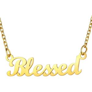 U7 Name Necklace Personalized, Stainless Steel 18K Gold Plated Nameplate Jewelry for Men Women, Multiple Name Necklace, Customized Initial Name Choker Necklace with Curb Chain(Blessed-Gold Color)