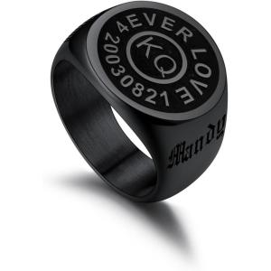 U7 Personalized Signet Rings for Men Women Stainless Steel/18K Gold Plated/Black Engraved Ring Custom Initial Ring Gifts for Boys Father(01.Black Circle-Black)