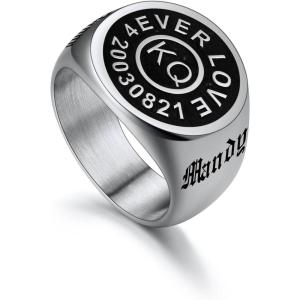 U7 Personalized Signet Rings for Men Women Stainless Steel/18K Gold Plated/Black Engraved Ring Custom Initial Ring Gifts for Boys Father(01.Black Circle-Steel)