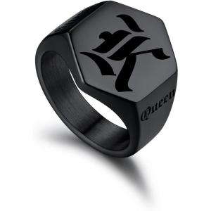 U7 Personalized Signet Rings for Men Women Stainless Steel/18K Gold Plated/Black Engraved Ring Custom Initial Ring Gifts for Boys Father(02.Hexagon-Black)