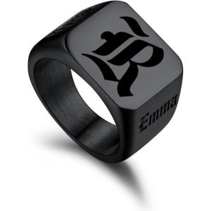 U7 Personalized Signet Rings for Men Women Stainless Steel/18K Gold Plated/Black Engraved Ring Custom Initial Ring Gifts for Boys Father(03.Square-Black)