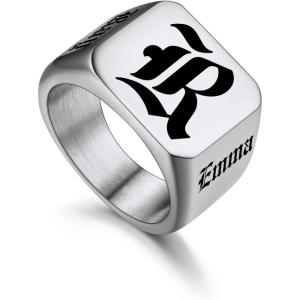 U7 Personalized Signet Rings for Men Women Stainless Steel/18K Gold Plated/Black Engraved Ring Custom Initial Ring Gifts for Boys Father(03.Square-Steel)
