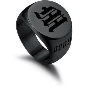 U7 Personalized Signet Rings for Men Women Stainless Steel/18K Gold Plated/Black Engraved Ring Custom Initial Ring Gifts for Boys Father(04.Round-Black)