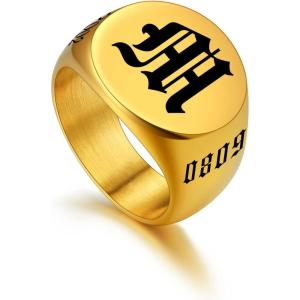 U7 Personalized Signet Rings for Men Women Stainless Steel/18K Gold Plated/Black Engraved Ring Custom Initial Ring Gifts for Boys Father(04.Round-Gold)