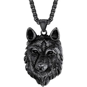 U7 Punk Chameleon/Eagle/Dragon/Hawk/Wolf Necklaces for Men Women, Retro Black Stainless Steel Animal Pendant Personalized Jewelry Gift Cool Necklace with 22 Inch Chain(06.Wolf Head-Black)