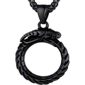 U7 Punk Chameleon/Eagle/Dragon/Hawk/Wolf Necklaces for Men Women, Retro Black Stainless Steel Animal Pendant Personalized Jewelry Gift Cool Necklace with 22 Inch Chain(05.Ouroboros Dragon-Black)