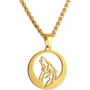 U7 Punk Chameleon/Eagle/Dragon/Hawk/Wolf Necklaces for Men Women, Retro Black Stainless Steel Animal Pendant Personalized Jewelry Gift Cool Necklace with 22 Inch Chain(01.Round Wolf-Gold)