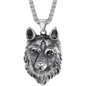 U7 Punk Chameleon/Eagle/Dragon/Hawk/Wolf Necklaces for Men Women, Retro Black Stainless Steel Animal Pendant Personalized Jewelry Gift Cool Necklace with 22 Inch Chain(06.Wolf Head-Stainless Steel)