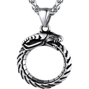 U7 Punk Chameleon/Eagle/Dragon/Hawk/Wolf Necklaces for Men Women, Retro Black Stainless Steel Animal Pendant Personalized Jewelry Gift Cool Necklace with 22 Inch Chain(05.Ouroboros Dragon-Stainless)