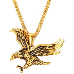 U7 Punk Chameleon/Eagle/Dragon/Hawk/Wolf Necklaces for Men Women, Retro Black Stainless Steel Animal Pendant Personalized Jewelry Gift Cool Necklace with 22 Inch Chain(03.Big Eagle-gold)