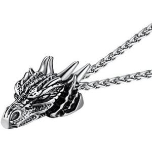 U7 Punk Chameleon/Eagle/Dragon/Hawk/Wolf Necklaces for Men Women, Retro Black Stainless Steel Animal Pendant Personalized Jewelry Gift Cool Necklace with 22 Inch Chain(05.Dragon Stainless)