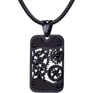 U7 Punk Necklaces Stainless Steel 18K Gold Plated Large Hip Hop Dagger/Knife/Sword/Steampunk Gear/Large Razor Blade Pendant Necklace for Men Women, Chain 22-24 Inches(04.Black Gear Tag(Leather Cord Chain))