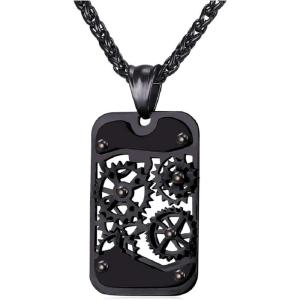 U7 Punk Necklaces Stainless Steel 18K Gold Plated Large Hip Hop Dagger/Knife/Sword/Steampunk Gear/Large Razor Blade Pendant Necklace for Men Women, Chain 22-24 Inches(03.Black Gear Dog Tag)