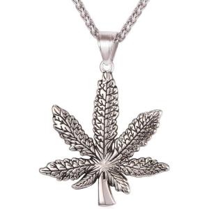 U7 Punk Necklaces Stainless Steel 18K Gold Plated Large Hip Hop Dagger/Knife/Sword/Steampunk Gear/Large Razor Blade Pendant Necklace for Men Women, Chain 22-24 Inches(07.Marijuana Leaf Stainless)