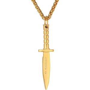 U7 Punk Necklaces Stainless Steel 18K Gold Plated Large Hip Hop Dagger/Knife/Sword/Steampunk Gear/Large Razor Blade Pendant Necklace for Men Women, Chain 22-24 Inches(06.Dagger Gold)