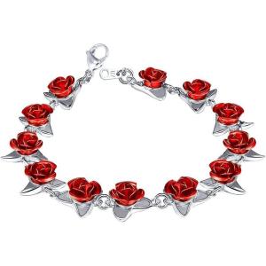 U7 Red Rose Link Bracelets for Women Girls 18K Gold Custom Text Photo Bracelet Romantic Rose Jewelry for Mom Wife(01-Bracelet Platinum)
