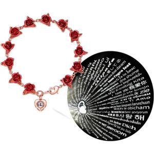 U7 Red Rose Link Bracelets for Women Girls 18K Gold Custom Text Photo Bracelet Romantic Rose Jewelry for Mom Wife(03-Projection I Love You-Rose Gold)