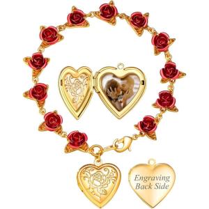 U7 Red Rose Link Bracelets for Women Girls 18K Gold Custom Text Photo Bracelet Romantic Rose Jewelry for Mom Wife(Bracelet Locket Gold-Photo&Text)