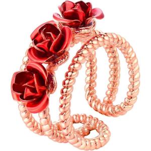 U7 Rose Flower Ring 3 Line Wide Band Rose Gold Plated Open Stacking Ring for Women Girls