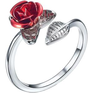 U7 Rose Flower Ring, Stackable Band Ring for Women Girls, Platinum Silver/Gold/Rose Gold Red Signet Rings Adjustable Fit Size 5 to 10(Red Rose-Platinum)
